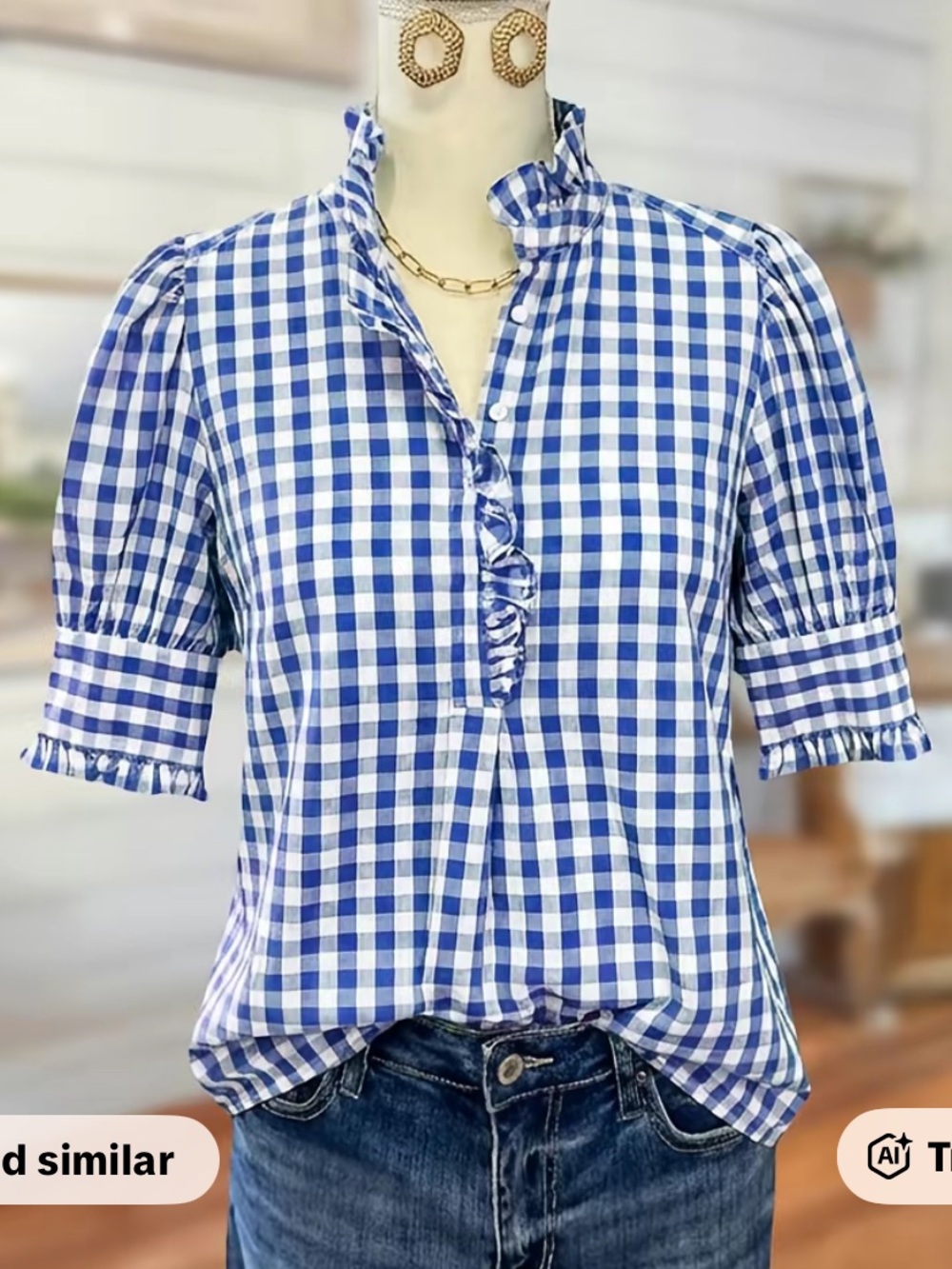 Blue Gingham Ruffle-Front Women's Blouse